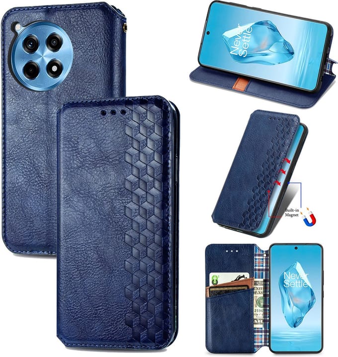 Luxe PU Lederen Ruitpatroon Wallet Case + PMMA Screenprotector voor OnePlus 12R _ Blauw