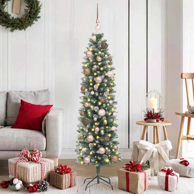vidaXL Kunstmatige slanke kerstboom Groen en Wit 150 cm