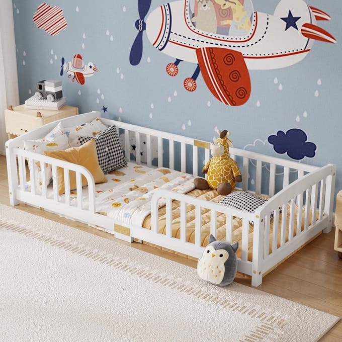 Sweiko Kinderbed - 90 × 200 cm - Met veiligheidshekjes - Houten frame - Zonder lattenbodem - Wit