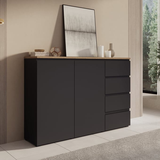 Meubella - Moss - Dressoir - Zwart/Eikenpatroon - 150x35x100 cm