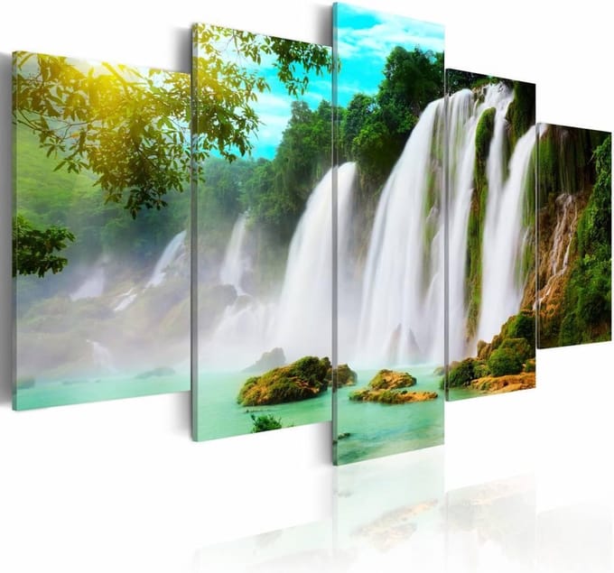 Schilderij - Waterval, Blauw/Groen/Wit, wanddecoratie, 5luik , premium print op canvas