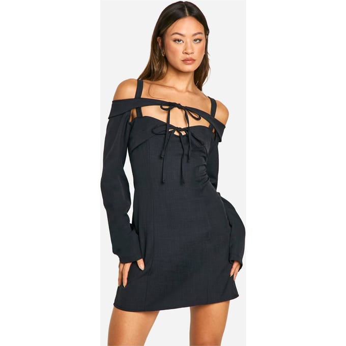 boohoo Dames Tall Bardot Cut Out Getailleerde Mini-Jurk | Zwart | Maat: 38