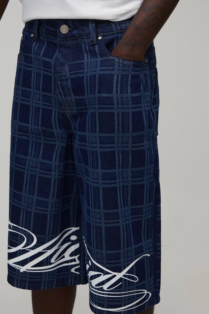 Longline Check Printed Denim Jorts | Indigo | Size 48