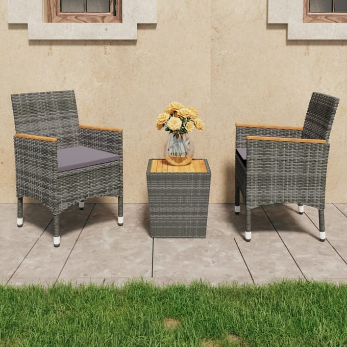 vidaXL - 3-delige - Bistroset - poly - rattan - en - acaciahout - grijs