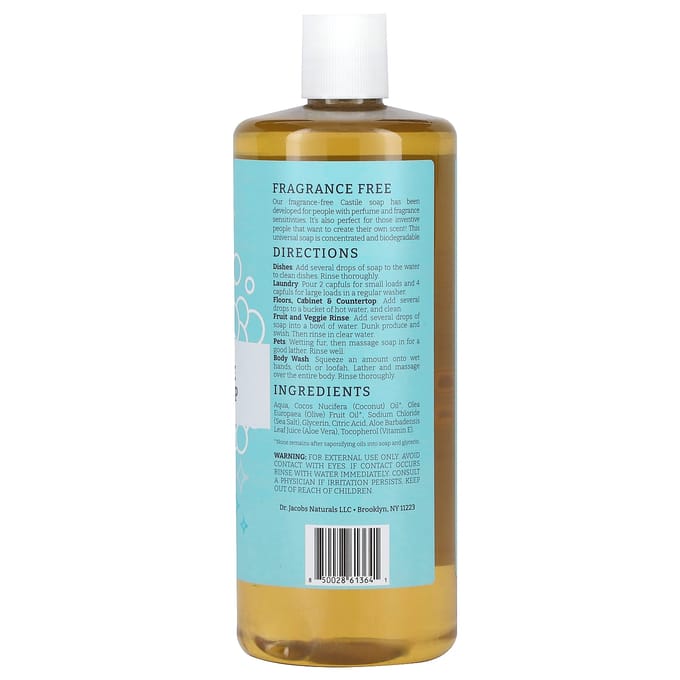 Dr. Jacobs Naturals, Vegetable Pure Castile All-in-One Soap, Unscented, 946 Ml (32 Oz) white