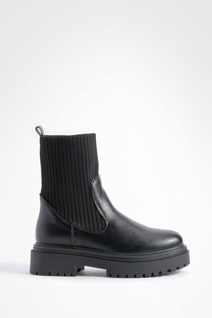 boohoo Dames Chunky Zool Gebreide Chelsea Laarzen | Black | Maat: 8