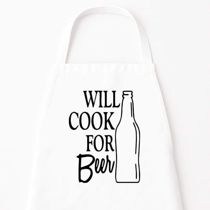 Go Mama - Keukenschort “Will Cook for Beer” – Humor kookschort – One Size – Verstelbaar – Wit – Cadeau voor bierliefhebbers