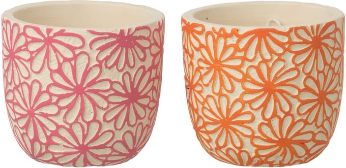 J-Line bloempot Rond Bloemen - keramiek - roze/oranje - small - set van 2