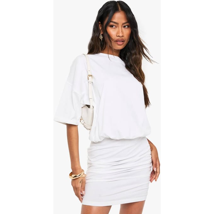 boohoo Dames Ruched T-shirt Mini-jurk | White | Maat: 18