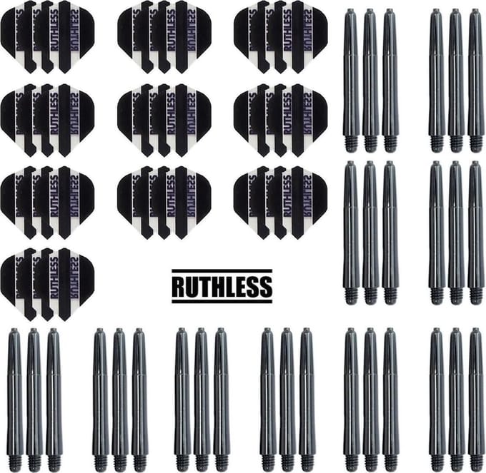 Darts Set - 10 Sets Ruthless Flights – dart flights – zwart – plus 10 sets Dragon – dart shafts – medium