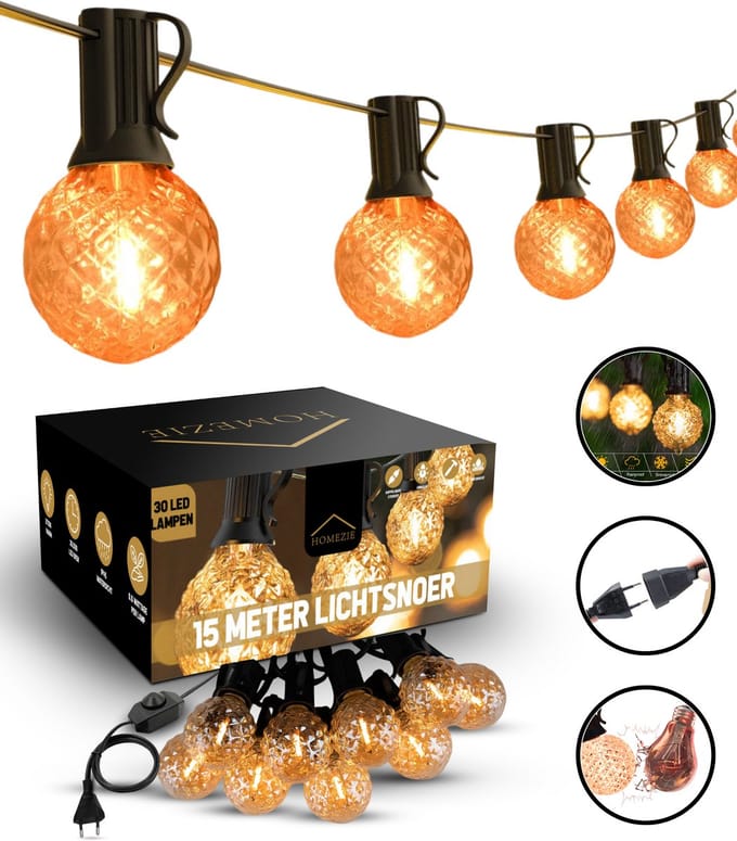 Homezie® Lichtsnoer 15 meter met 30 LED bulbs | Inclusief dimmer | Warm wit | Koppelbaar & Dimbaar