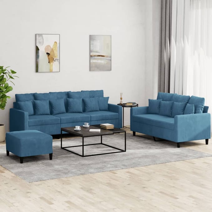 vidaXL - 3-delige - Loungeset - met - kussens - fluweel - blauw