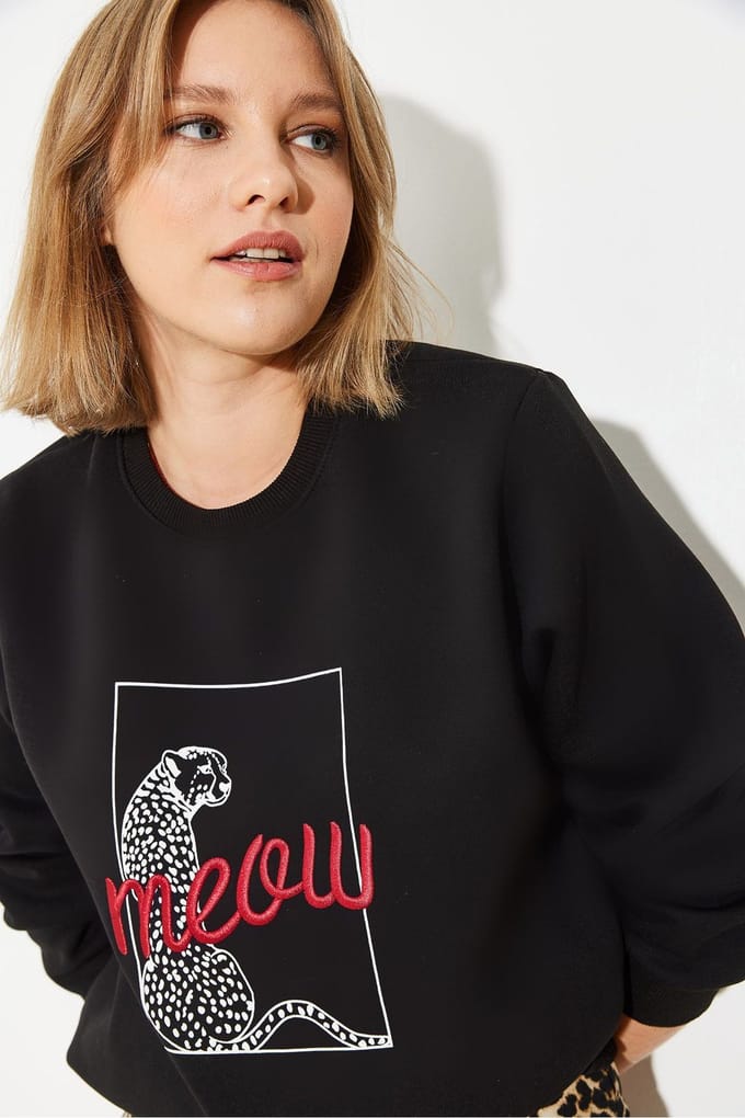 Leopardprint Geborduurde Ronde Hals Sweatshirt