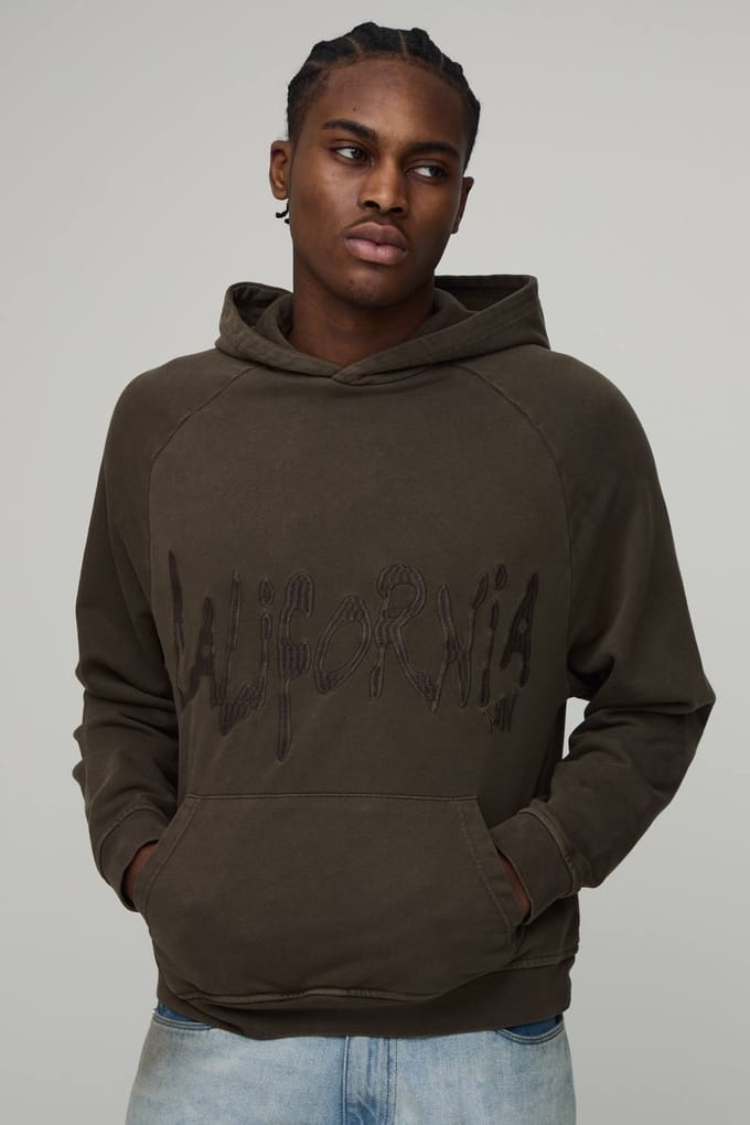 Oversized Gewassen Geborduurd Loopback Hoodie | Khaki | Size Medium