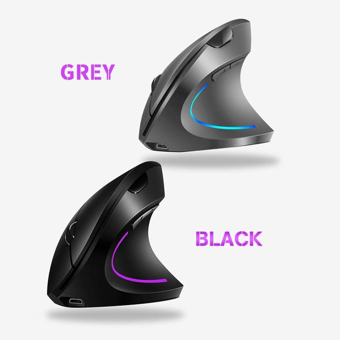 Souris verticale sans fil 2.4G, rechargeable, ergonomique, verticale, 3 niveaux DPI réglables, RVB gris