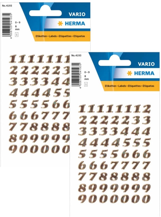 Herma Stickervel nummers - cijfers / getallen - 0 t/m 9 - 2x vellen - goud - 8 mm - glitter