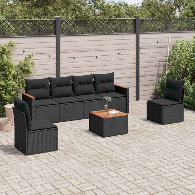 vidaXL - 7-delige - Loungeset - met - kussens - poly - rattan - zwart