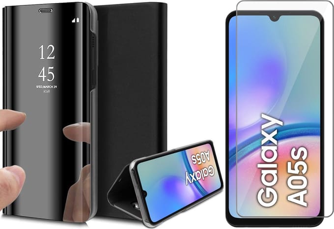 Hoesje geschikt voor Samsung Galaxy A05s - Screenprotector Glas - Spiegel Book Case Zwart