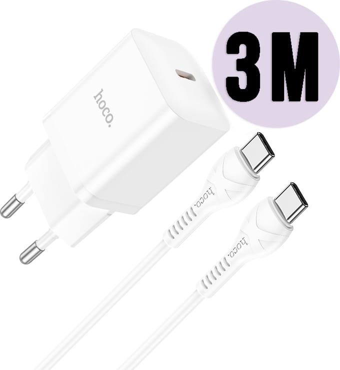 Hoco 20W Snellader + Kabel - Wit - USB C Stekker met Kabel Geschikt voor Telefoon en Tablet - PD & QC Oplader Inclusief 3m Type-C naar Type-C Kabel