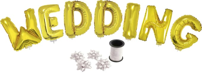 Folie ballonset goud met letters WEDDING 41 cm + geschenklint 10m met 4 witte strikken