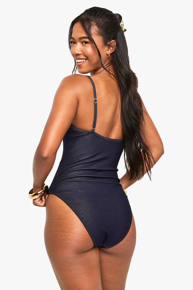boohoo Dames Denim Look Square Neck Zwempak | Maat: 6