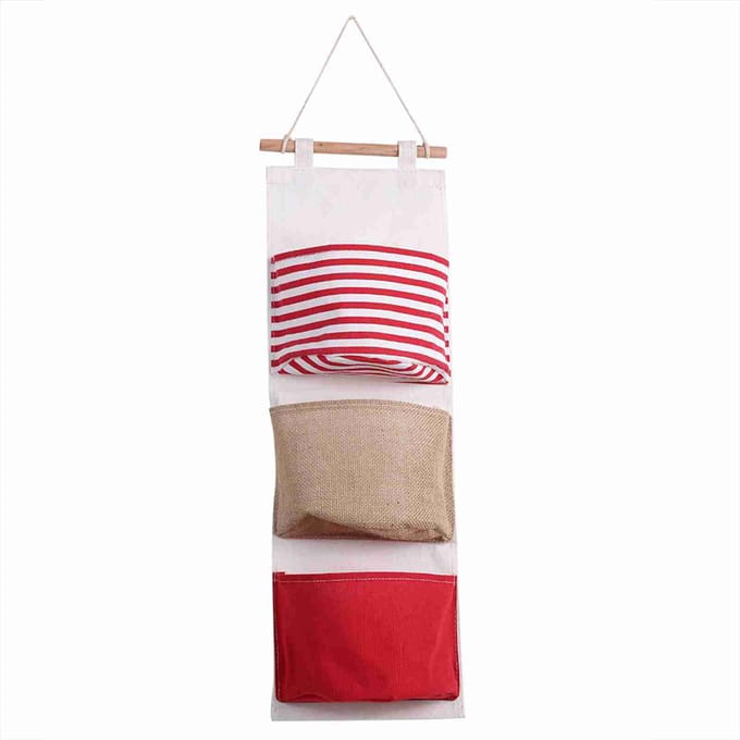Sac de Rangement en Lin à 3 Couches Sac Suspendu pour Garde-robe Pochette Murale Jouets white