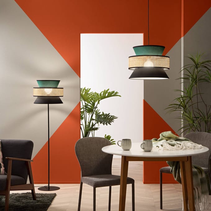 Luce Ambiente Design Hanglamp Gazebo, groen/zwart/naturel, Ø 40 cm, stof/rotan