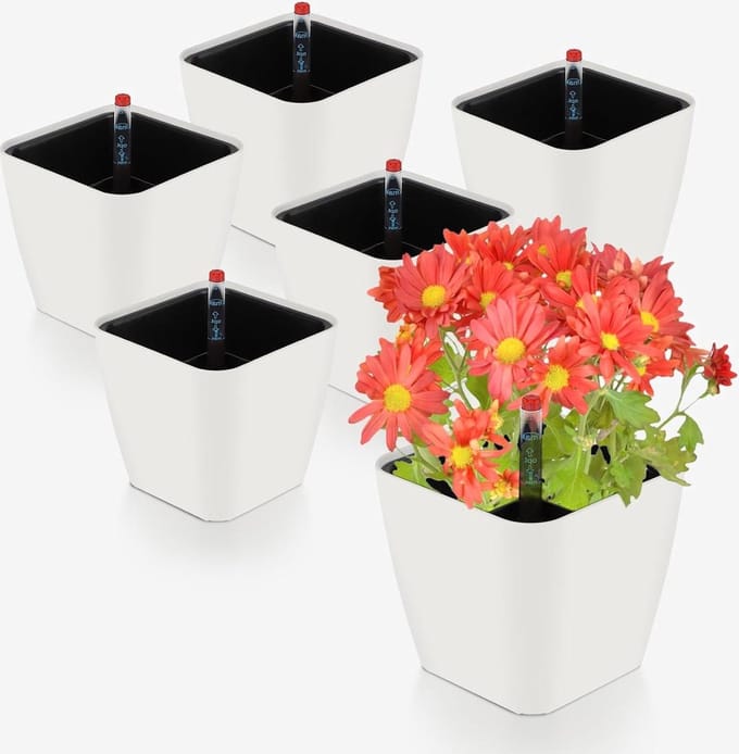 Zelfbewaterende pot met waterniveau-indicator - kruidenpot - 6 stuks - wit - 13,7 x 13,5 cm
