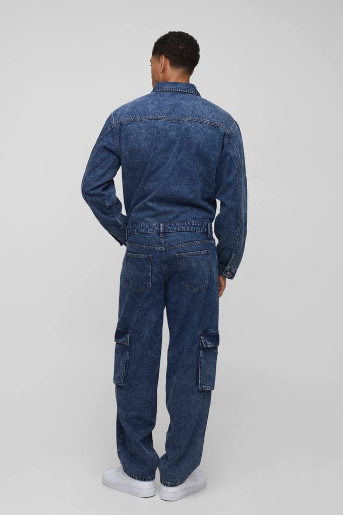 Long Sleeve Relaxed Washed Cargo Denim Boilersuit | Vintage Blue | Size Medium