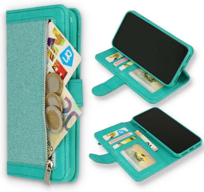 HB Hoesje Geschikt voor Apple iPhone 11 Pro Max - Turquoise - Glitter - Luxe Portemonnee Book Case met Rits