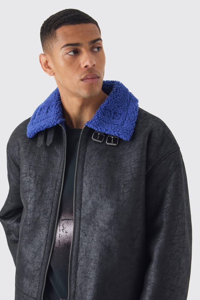 Extreme Oversized Kunstsuède Pilotenjack in Zwart | Black | Size Medium