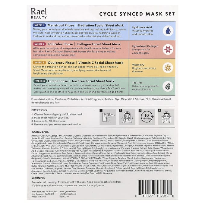 Rael Cycle Sync Schoonheidsmasker Set, 4 Vellen, 25ml (0,84 fl oz) Elk white