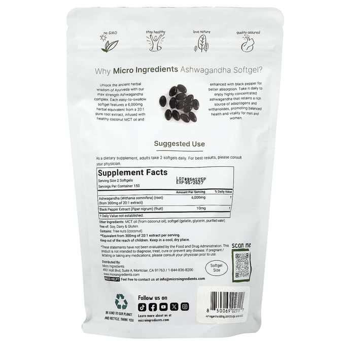 Micro Ingredients, Ashwagandha, 300 Gélules Molles