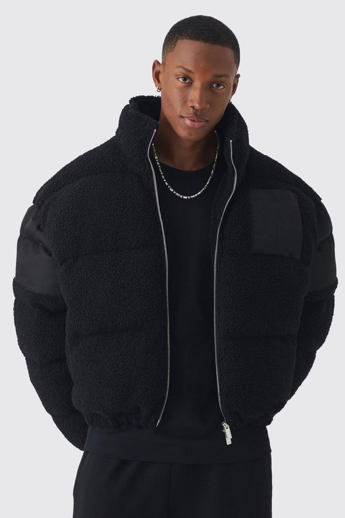 Borg & Nylon Trechterkraag Puffer in Zwart | Black | Size Medium