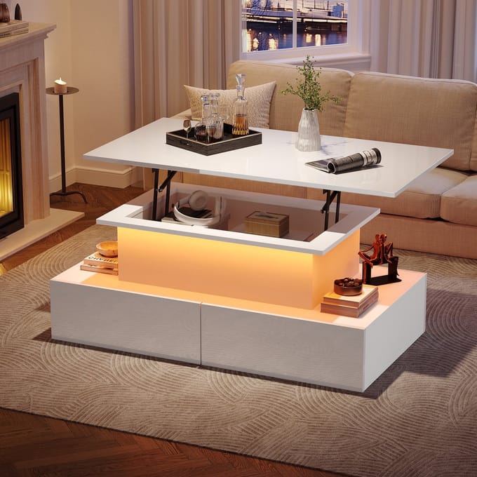 Sweiko Salontafel - Hoogglans - LED-verlichting - 4 lades - In hoogte verstelbaar tafelblad - Wit