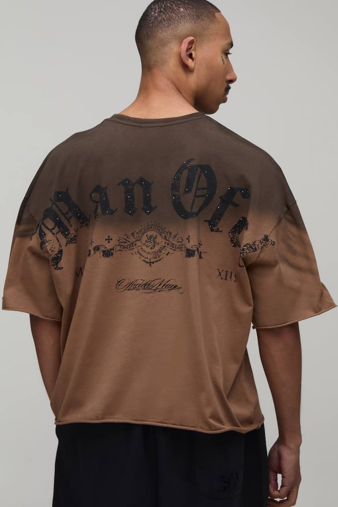 Oversized Boxy Heavyweight Washed Distressed Rhinestone T-Shirt | Brown | Size Large