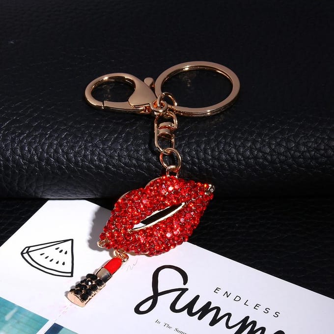 Sexy Lipsticking Lip-Key Chain RhinestOne Crystal purse  CharmDecoration beige
