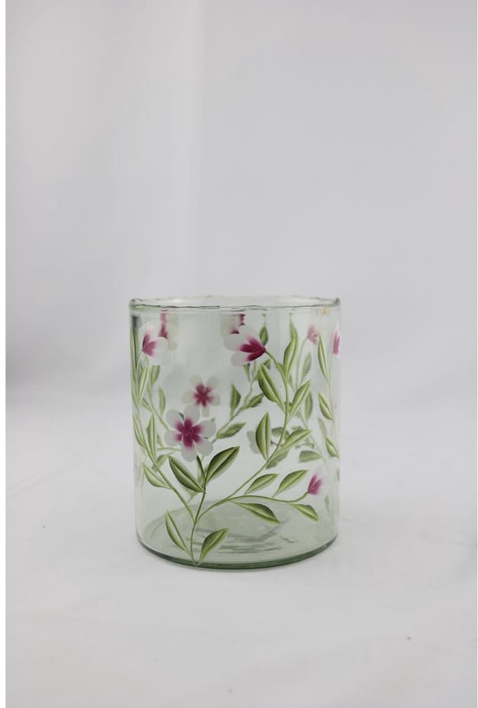 Windlicht glas met roze bloemen 13x13x15cm
