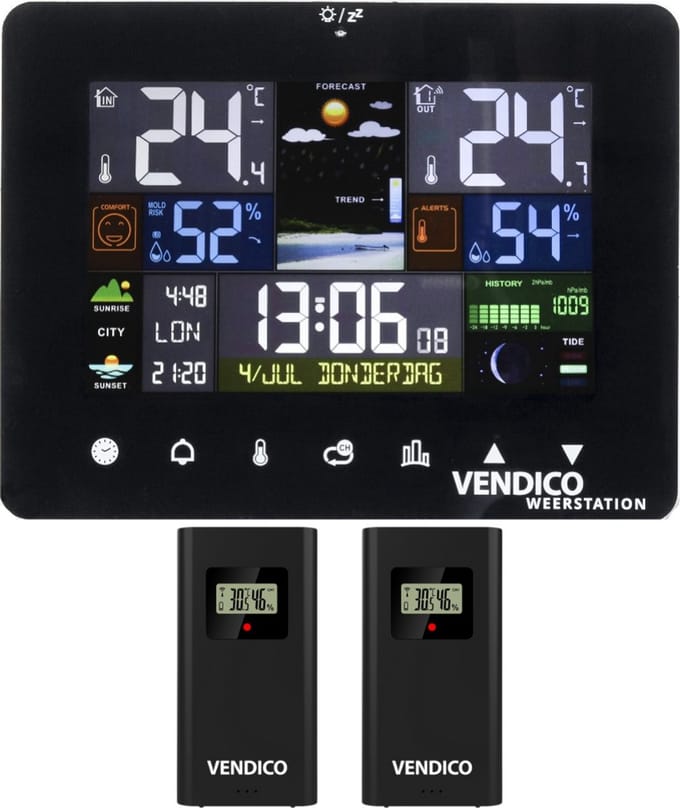 Vendico Weerstation – Draadloos - Binnen & Buiten - Inclusief 2 sensoren