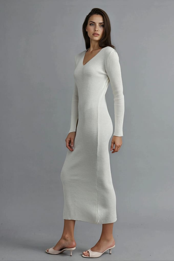 V-hals Textured Maxi Gebreide Jurk met Split
