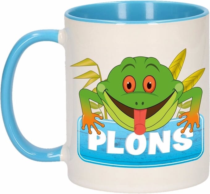 Plons mok - blauw/wit - keramiek - 300 ml - kinder beker kikker