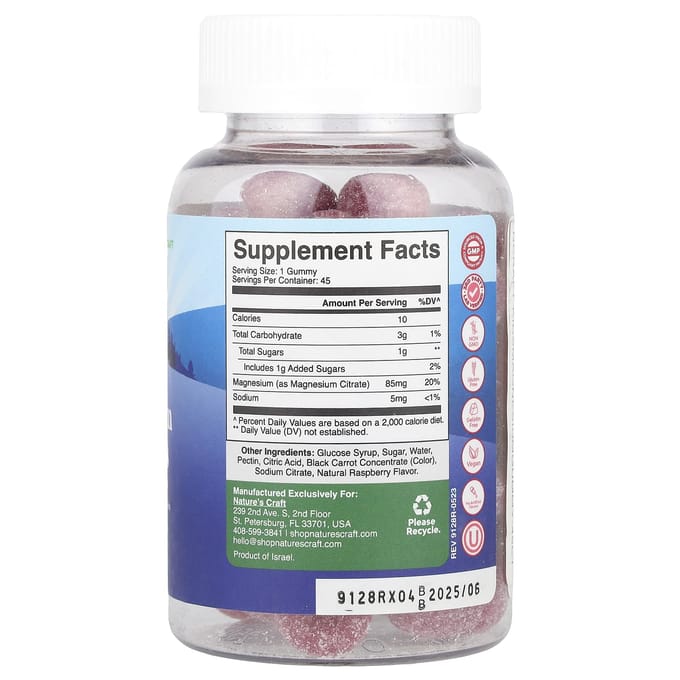Nature's Craft, magnesiumgummies voor kinderen, framboos, 45 gummies