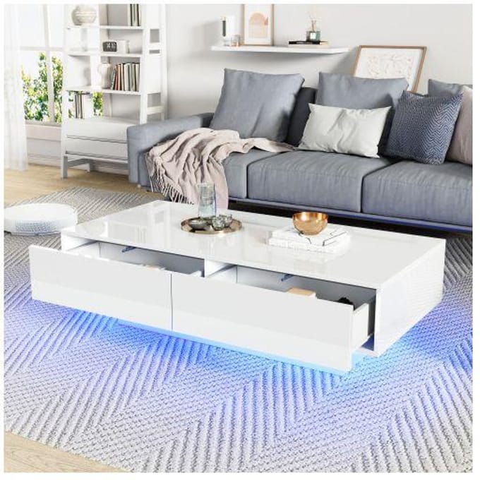 Salontafel - MUVOE - Modern - 115 x 55 x 34 cm - 2 lades - Geïntegreerde LED-verlichting wit