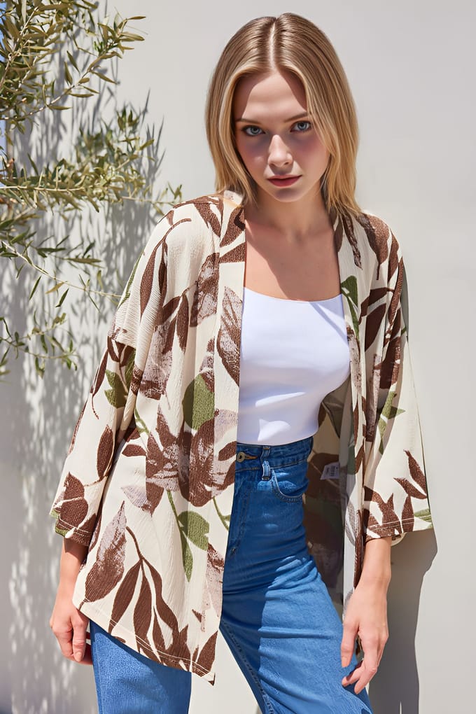 Textured Losse Fit Schouderkraag Kimono