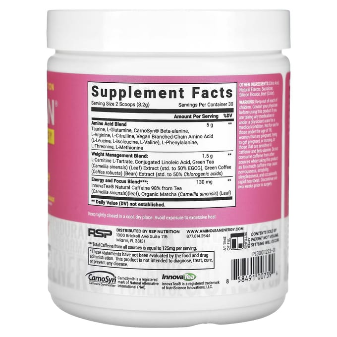 RSP Nutrition, AminoLean, Énergie, Limonade Rose, 8,68 oz (246 g)