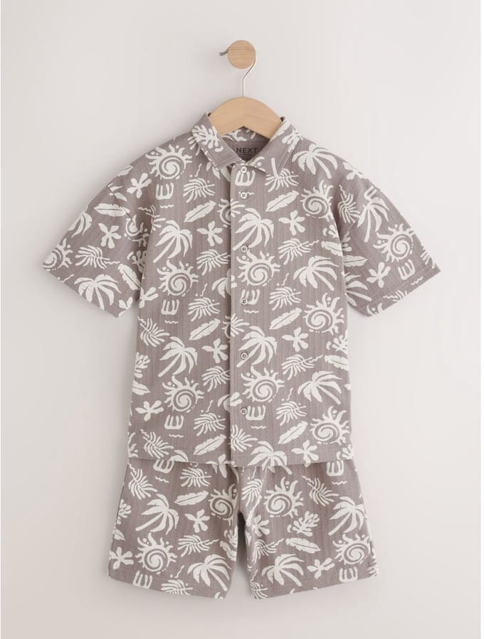 Next - Jongens - Set van overhemd met revers en knoopsluiting en short - Bruin