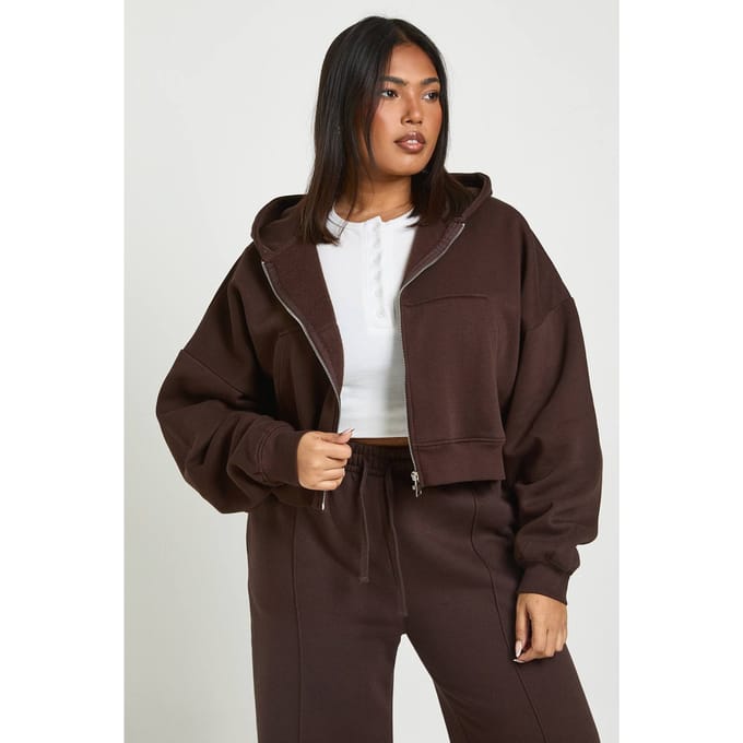 boohoo Dames Plus Core Basic Boxy Ballonmouw Oversized Hoodie met doorlopende rits | Chocoladebruin | Maat: 44