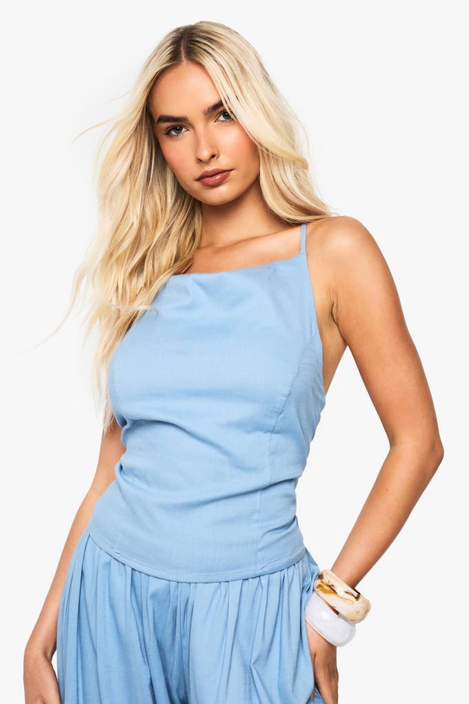 boohoo Dames Linnenlook Top met Strik Achter | Powder Blue | Maat: 16