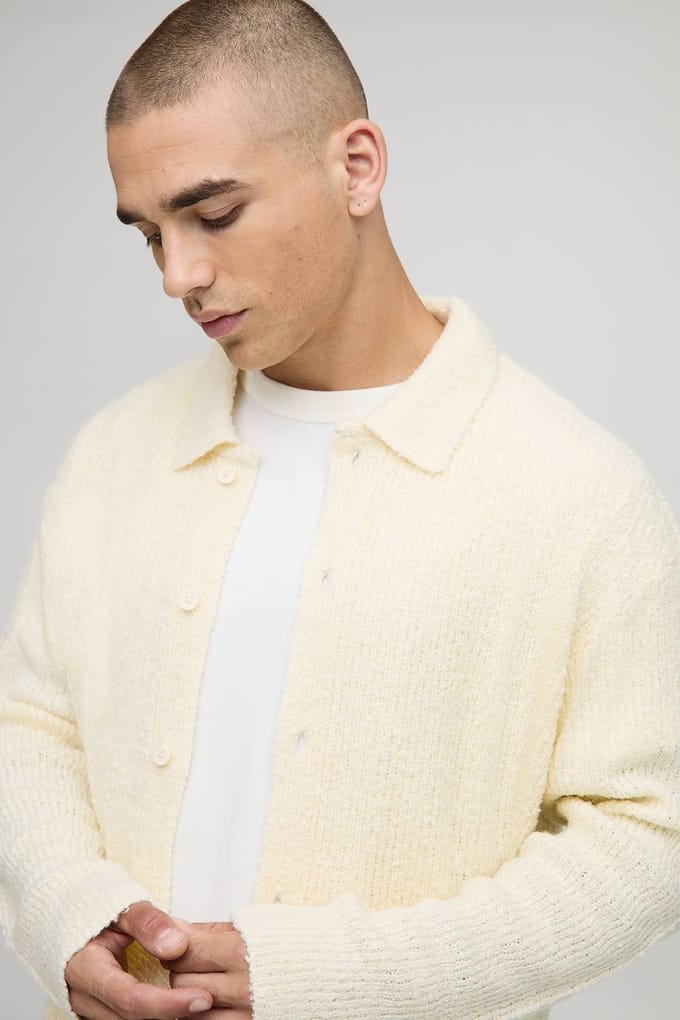 Boxy Fit Geborsteld Gebreid Shirt | Ecru | Size Medium