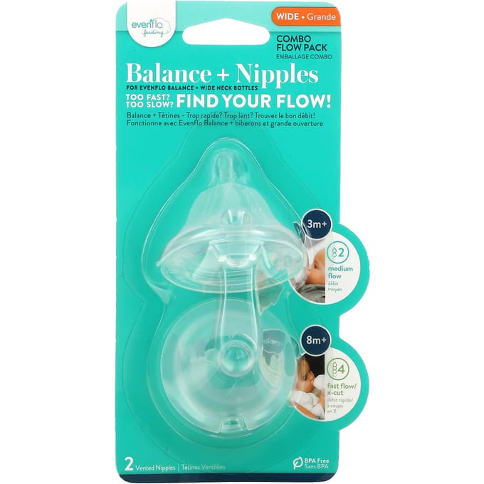 Evenflo Feeding, Balance + Tepel, Combo Flow Pack, Breed, 3+ Maanden, Medium, 2 Tepeluitwerpingen blue